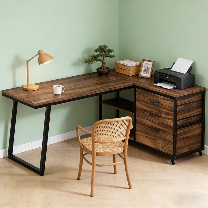 Computer Desk with 5 Drawers 47 Inch Reversible L-Shaped Executive Office Desk with File Storage Drawers Industrial Study Writing Table Corner Desk for Home Office (Rustic Brown)