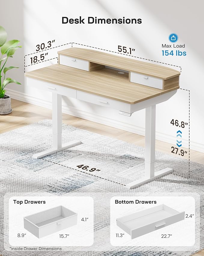 HUANUO 55 x 30 inch Electric Standing Desk with Wood Drawers Adjustable Height Sit Stand Home Office Desk with Two Tiers Ergonomic Adjustable Stand up Desk C-Clamp Monitor Mount Compatible Natural