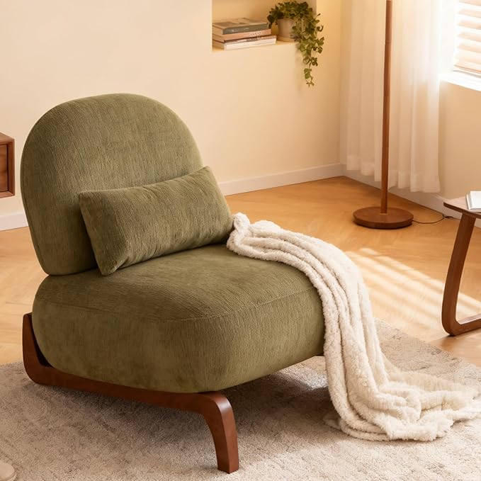 Upholstered Armless Accent Chair for Living Room Modern Comfy Living Room Chairs with Wooden Legs &amp Pillows Lounge Sofa Side Chair for Bedroom Reading (Olive Green 1)