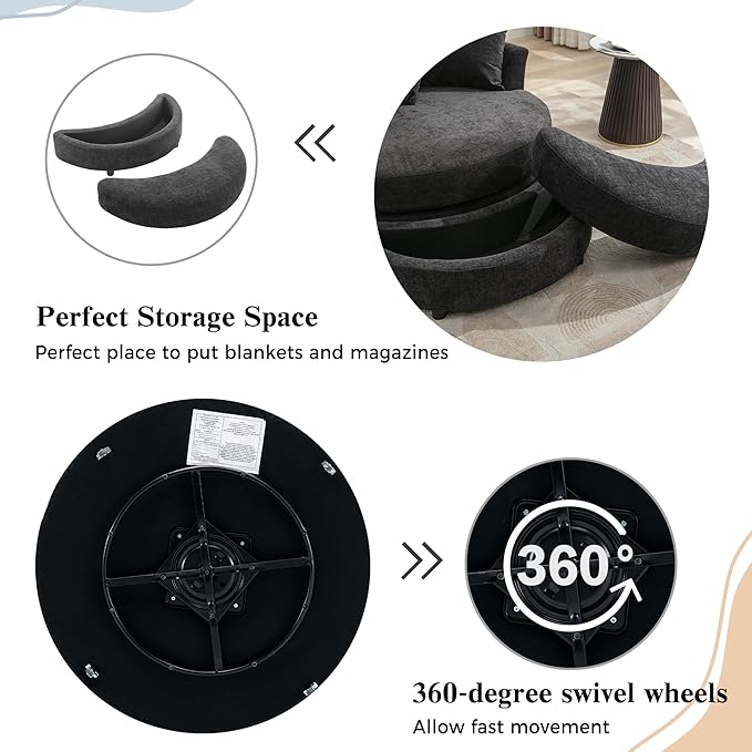 ERYE Oversized Round Accent Barrel Chair with Storage Ottoman and 360 Swivel Base Modern Chenille Upholstered Leisure Recliner Armchair for Living Room Bedroom