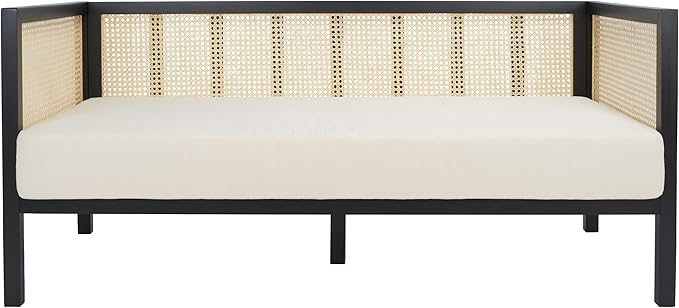 SAFAVIEH Home Collection Dune Coastal Black Rattan 3-Seater Sofa with White Cushion