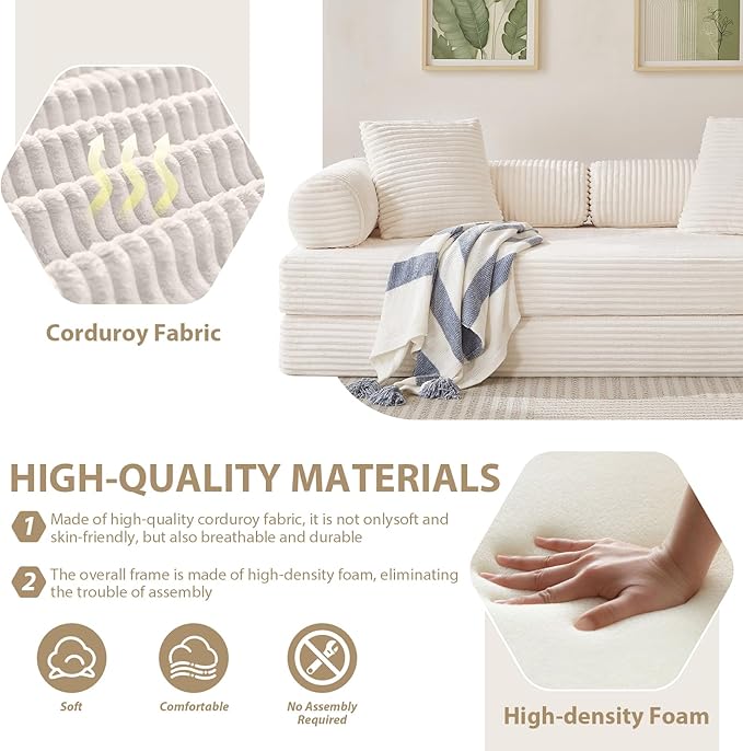Folding Sofa Bed Convertible Corduroy Comfy Loveseat Sleeper Bed Modular Foam Compression Sofa Couch Floor Lazy Chaise Lounge for Guest Room Living Room Studio (Beige)