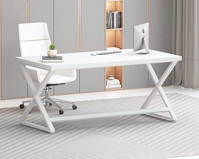 IBF White Computer Desk Modern Home Office Desk for Writing Work Study Simple Wooden Metal Pc Gaming Desk in Bedroom Executive Laptop Workstation Computer Table White Oak 55 Inch