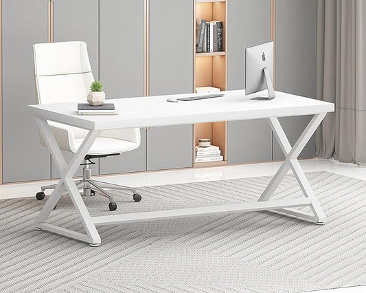 IBF White Computer Desk Modern Home Office Desk for Writing Work Study Simple Wooden Metal Pc Gaming Desk in Bedroom Executive Laptop Workstation Computer Table White Oak 55 Inch