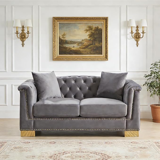 62 Chesterfield Loveseat 2 Seater Tufted Velvet Couch with Rolled Arms Mid Century Modern Love Seat with Nailhead Trim&ampRemovable Cushions&ampGold Legs Comfy Deep Seat Couches for Living Room