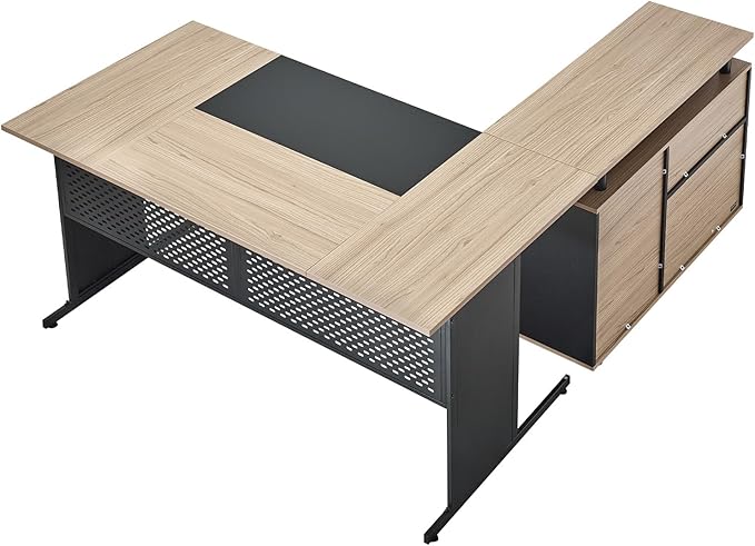 VEVOR 63 L-Shaped Executive Desk Large Office Desk with Drawers File Storage Cabinet Detachable 350 LBS Load Capacity Corner Table Easy Assembly Business Furniture Workstation for Home Office