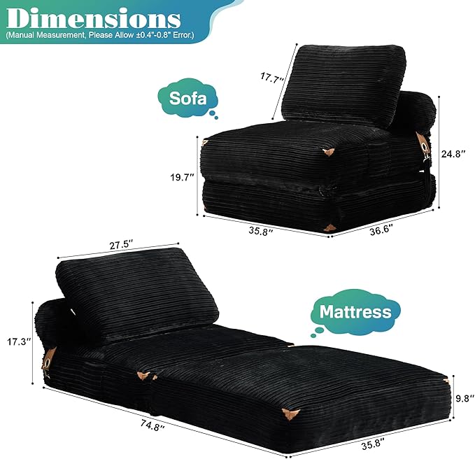 Folding Sofa Bed Convertible Sleeper Chair with Pillow Back Support Foldable Corduroy Futon Floor Couch Comfy Fold Out Chair Bed for Living Room Bedroom Dorm Black