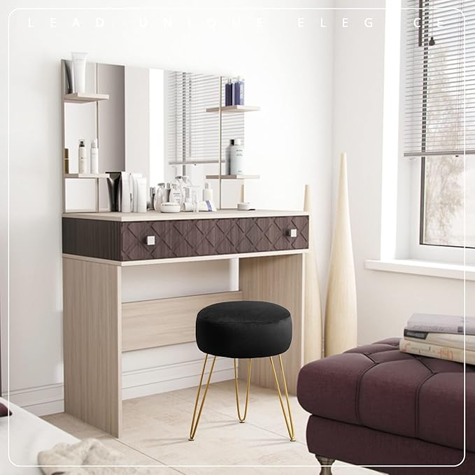 LUE BONA Vanity Stool Black Vanity Stools for Makeup Room Round Ottoman Foot Stool Velvet Footrest Vanity Chair for Bathroom Vanity Bedroom Living Room Entryway Offices