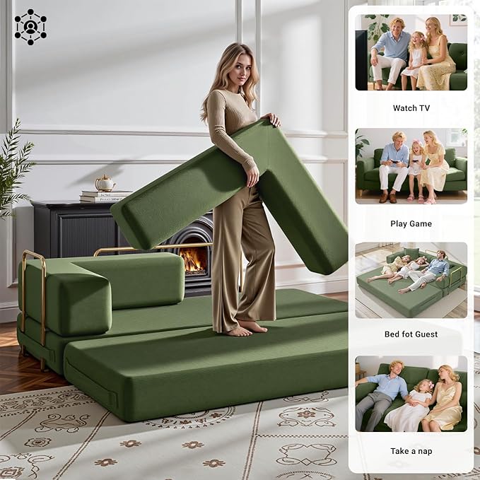 79 Inch Convertible Folding Sleeper Sofa Bed Modern Corduroy Futon Sofa Fold Out Couch Bed with Metal Fixed Frame Modular Comfy Boneless Couches Floor Sofas for Living Room Olive Green