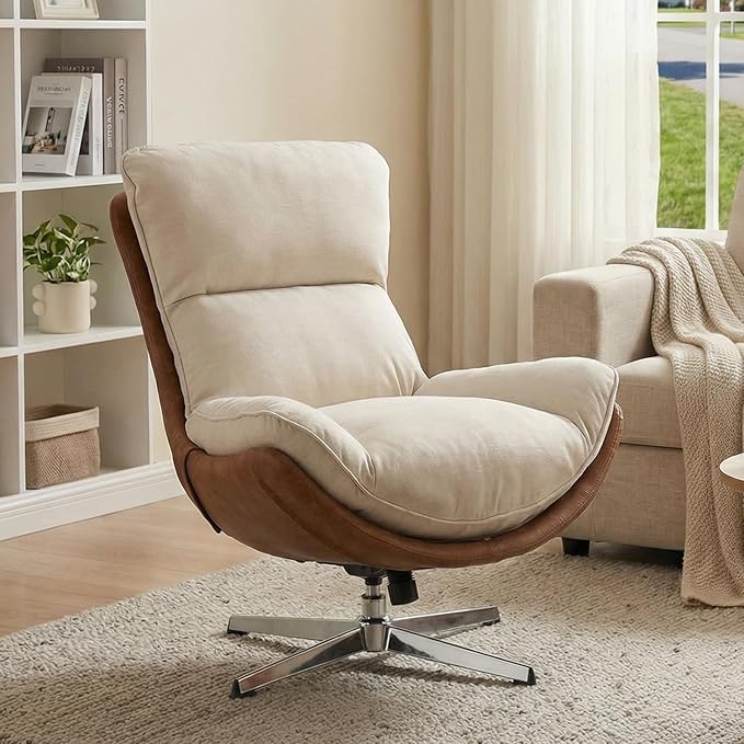 DUOMAY Swivel Accent Chair Modern Linen Soft Foam Lounge Chair with High Back Comfy Rocker Chair for Living Room Bedroom Reading Room Office Tilt &amp Swivel Chrome Base Beige