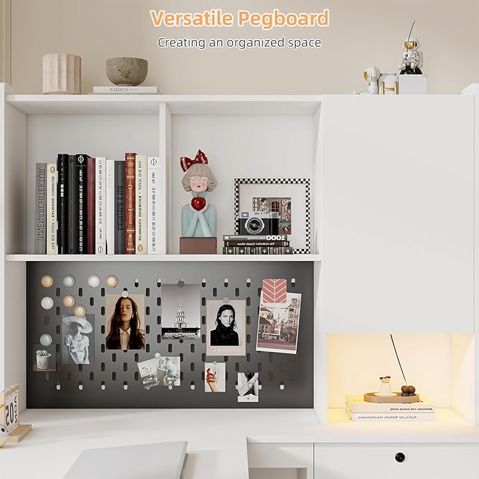 L Shaped Desk with Hutch and 4 Drawers Computer Desk with USB Ports Power Outlets &amp LED Light Wood Corner Computer Desks with Storage Shelves for Home Office White Left Long