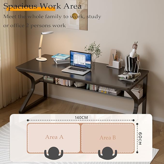 Extra Long Desk with Bookshelf - 55 Double Long Writing Table for 2-Person Workstation Modern Study Work Computer Desk for Home and Office Black