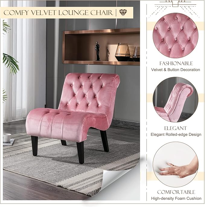 KINFFICT Velvet Accent Lounge Chair for Living Room Modern Leisure Chair with Tufted Backrest Indoor Armless Side Chair Upholstered Bedroom Sleeper Chairs with Solid Wood Legs