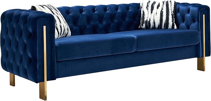 Chesterfield Modern Tufted Velvet Living Room Sofa with High Armrest and Metal Legs Decor 84.25''W 3 Seater Couch Couches Furniture for Bedroom Office (Blue)