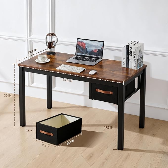 Computer Desk with Drawer 47 Inch Home Office Work Desks Modern Writing Study PC Desk Gaming Table for Small Place Bedroom Thickened Tabletop and Stable Metal Frame Leg（Rustic Brown）