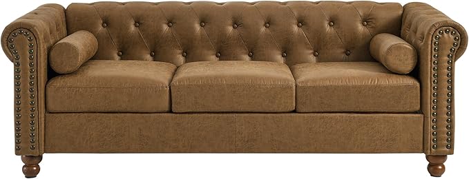 KEIKI 75 Chesterfield Velvet Tufted Button Sofa with Square Arms and Cushion Back Classic Style 3-Seater Couch with Solid Wood Legs Easy Assembly for Living Room Bedroom Apartment Brown