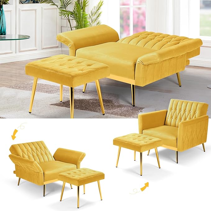 Velvet Accent Chair w/Adjustable Armrests and Backrest Button Tufted Lounge Chair Single Recliner Armchair with Ottoman and Pillow for Living Room BedroomYellow