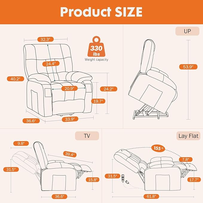 Power Lift Recliner Chair for Adult with Heated and Full Body Massage Glider Nursery Chair with Cup Holder and USB Charge Port Oversided Swivel Rocker Recliner for Living/Study/Bedroom Room Grey