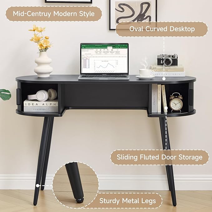 AVZEAR 43 Oval Fluted Home Office Desk Small Computer Desk Mid Century Modern Vanity Table with Sliding Tambour Door Wooden Writing Study Desk for Small Spaces Bedroom Office(Black)