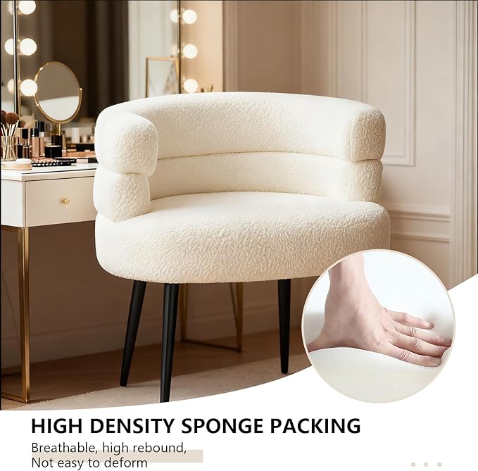 Makeup Vanity Chairs with BackOffice Desk No WheelsComfy Fabric Easy to Install for Living RoomBedroomHomeOfficeDressing Room-Beige White