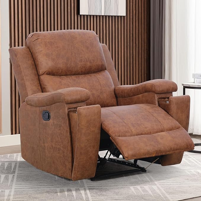 Brown Recliner Chair Single Overstuffed Sofa Recliners Breathable Faux Leather Manual Reclining Chairs with Hidden Cup Holder Arm and Back for Adults Living Room Bedroom Brown
