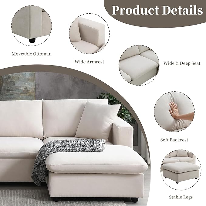 100.4 Beige Cloud Couches for Home Living Room Sofa Set Modern L Shaped Sectional Couch with Convertible Ottoman 4 Seater Comfy Polyester Fabric Modular Sofa for Apartment Bedroom Office