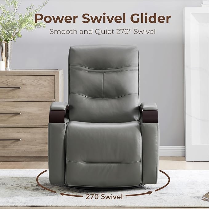 CHITA Genuine Leather Power Swivel Glider Rocker Recliner FSC Certified Mid Century Modern Recliner Chair for Adults Adjustable Power Headrest for Nursery and Living Room Haze
