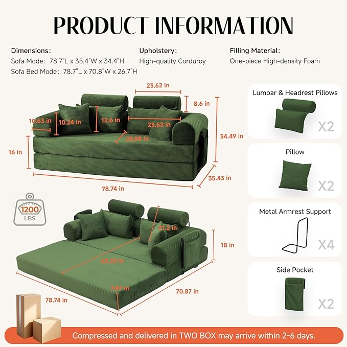 79 Corduroy Sofa Bed Sleeper Couch 6-in-1 Convertible Boneless Floor Futon Loveseat High-Density Foam Couch in a Box with 2 Headrest Pillows No Assembly Olive Green