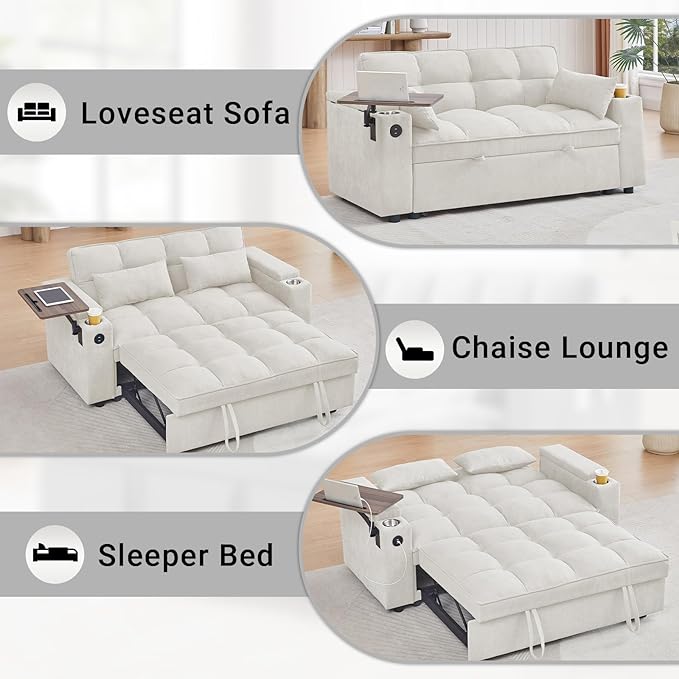 65-Inch 3-in-1 Convertible Loveseat Sleeper with Side Table Pull-Out Couch Adjustable 3-Level Backrest USB &amp Type-C Ports Chaise Lounge for Living Room White
