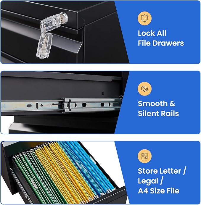MIIIKO File Cabinet 3 Drawers on Wheels Under Desk Black Metal Rolling File Cabinets with Lock for Home Office Un-Assembled Filing Cabinet with Lock