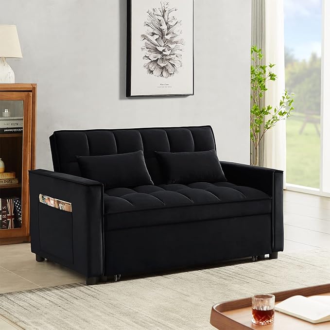 Sleeper Sofa Couch w/Pull Out Bed 55 Modern Velvet Convertible Sleeper Sofa Bed Small Love seat Sofa Bed with 2 Pillows &amp Side Pockets for Small Space Living Room Apartment Black