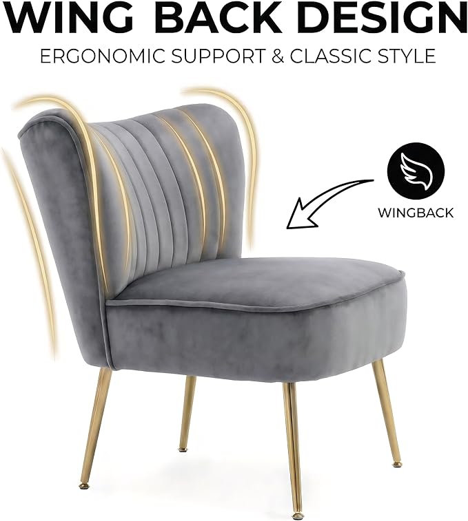DUOMAY Modern Accent Chair Set of 2 Velvet Slipper Chair with Gold Legs Wingback Side Chair for Living Room Bedroom Entryway Small Corner Chair for Space Saving Grey