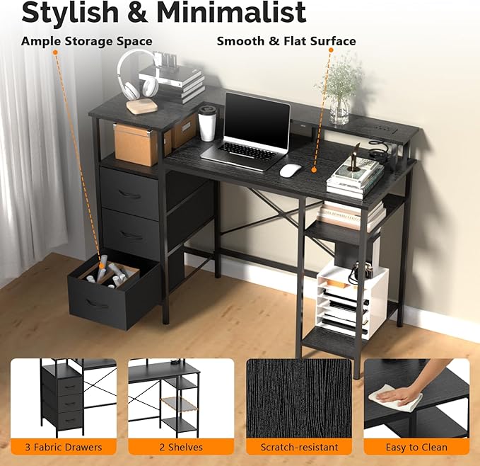 VINGLI 47 Inch L-Shaped Computer Desk Small Computer Gaming Desk with Fabric Drawers &amp Storage Shelves Charging Station Monitor Stand for Home Office Black