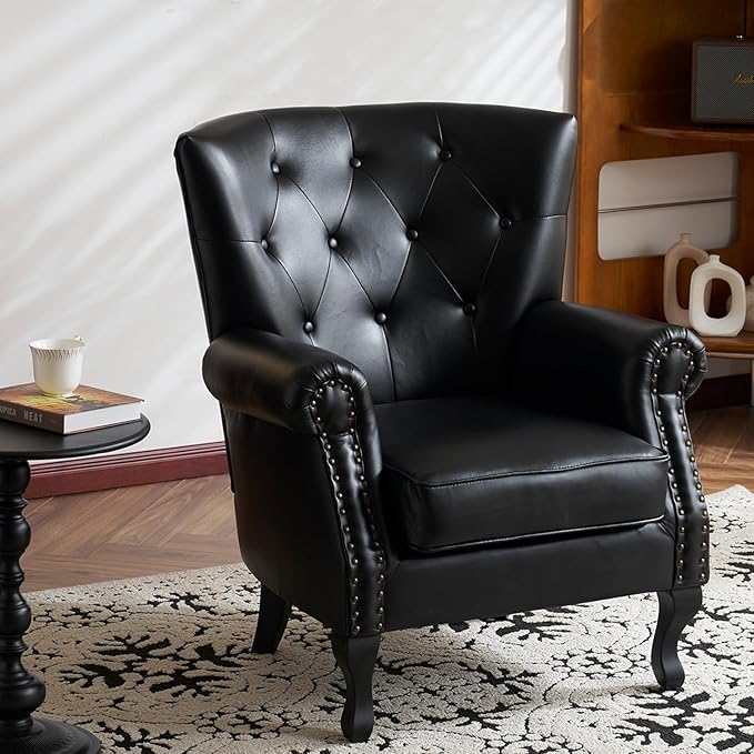 Modern Faux Leather Accent Chair Upholstered Mid-Century Armchair with Solid Wood Legs Single Sofa Chair for Living Room Bedroom or Reading Room（Black）