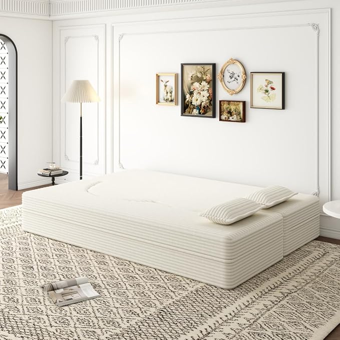 Convertible Sofa Bed Full Size｜78 Sleeper Couch with 2 Pillows｜Corduroy Fabric Folding Sofa Bed｜High-Density Foam｜No Assembly｜Space-Saving｜for Living Room Guest Room｜Beige