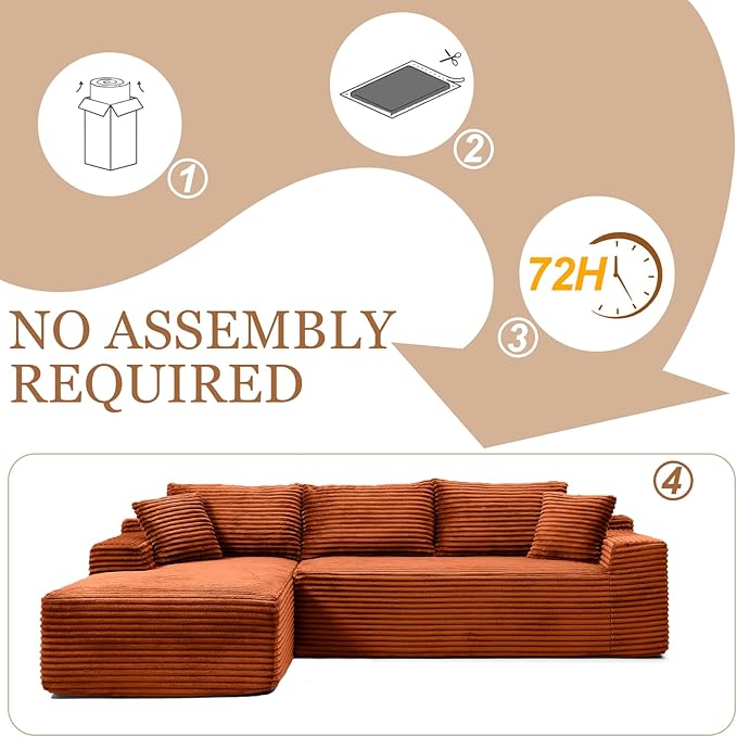 108 Cloud Modular Sectional Couch with Moveable Ottoman Modern Minimalist Upholstered Boneless Couch Deep Seat Corduroy Corner Couches (Orange 108 Left Facing Chaise)