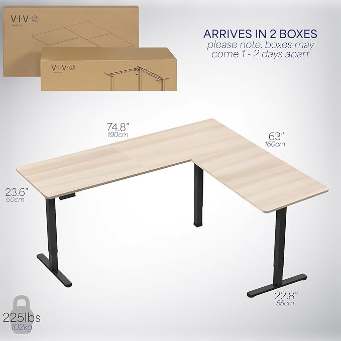 VIVO Corner Standing Desk 75 x 63 inch Reversible L-Shaped Workstation Electric Height Adjustment Home Office and Reception Rooms Light Wood Table Top Black Frame DESK-E3CTBC-75