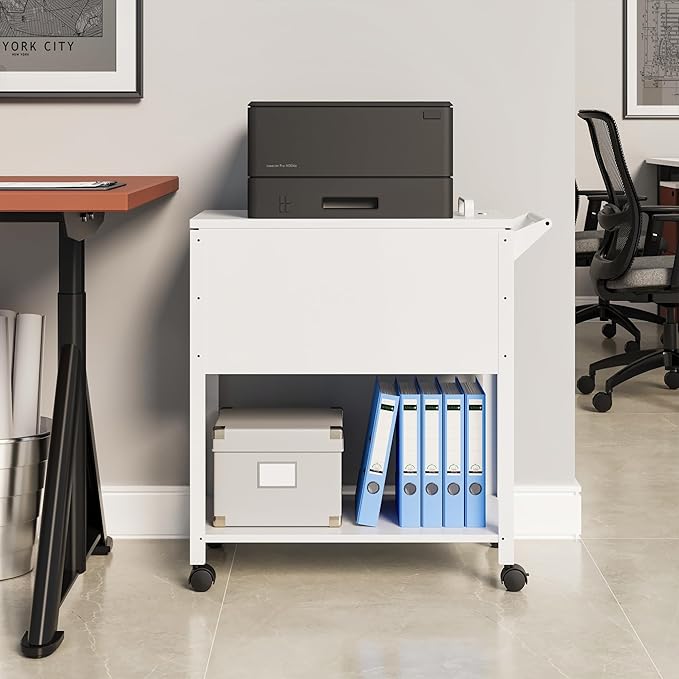 Mobile File Cart 2-Tier Rolling File Cart with Wheels Hanging Files Metal File Cabinet with Lock and Sliding Covers for A4/Letter/Legal Size White