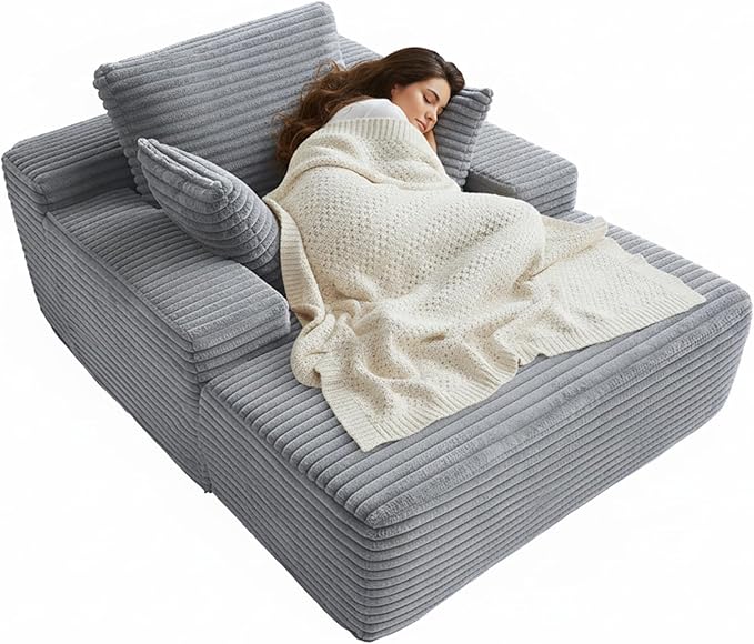 67'' Chaise Lounge Chair Indoor Oversized Boneless Sofa Bed Fluffy Corduroy Sleeper Sofa for Apartment Bedroom Living Room Comfy Cloud Boneless Couch Reading Recliner No Assembly Light Grey