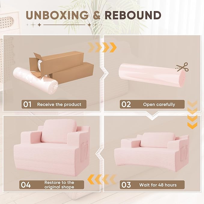 Homall 42” Single Sofa Foam Couch for Small Spaces Upholstered Floor Sofa with Cup Holder &amp Storage Pocket Boneless Couch for Bedroom Living Room (Pink Single)
