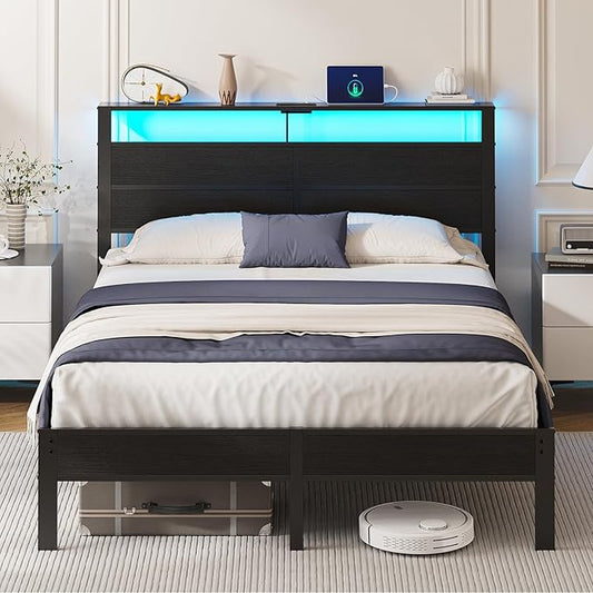 Queen Size Bed Frame with LED Lights USB Type C Charging Headboard Black Metal Platform Bed with Storage Shelf Noise Free Design No Box Spring Needed