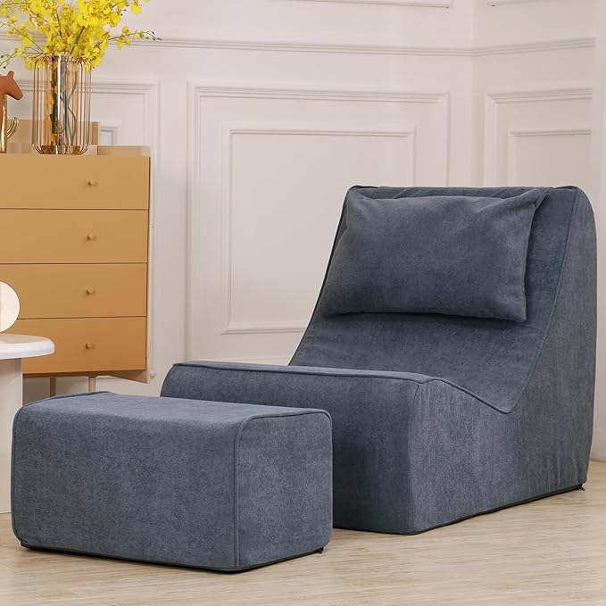 Giant Bean Bag Chair for Adults - Indoor Chaise Lounge with Neck Pillow &amp Ottoman All-in-One Sponge Design Comfy Floor Chair for Reading Gaming Napping and Movies (SlateGray)
