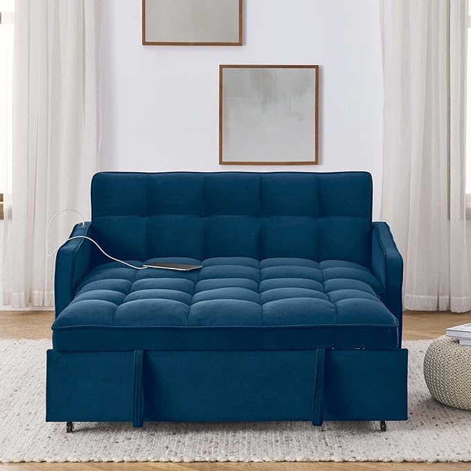 Antetek 3 in 1 Sleeper Sofa Couch Bed with USB &amp Type C Port 52 Small Modern Convertible Tufted Velvet Loveseat Sofa w/Pull Out Bed for Living Room Small Space Apartment Blue
