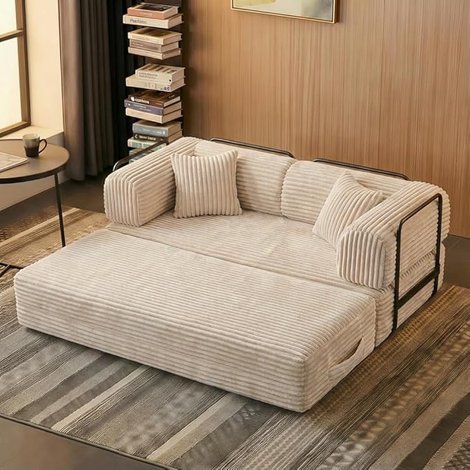 74 Compression Sofa Convertible Floor Sofa Bed with Pillow Back Support ArmrestComfy Futon Couch Sleeper BedLoveseats Boneless for Living RoomBedroom (Beige)