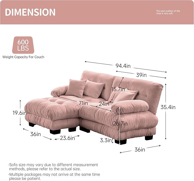 94.4 L-Shape Modular Cloud Sectional Sofa with Chenille Plush Fabric - 2 Seater Couch with Deep Seat and Movable Ottoman for Living Room Apartment and Office - Pink