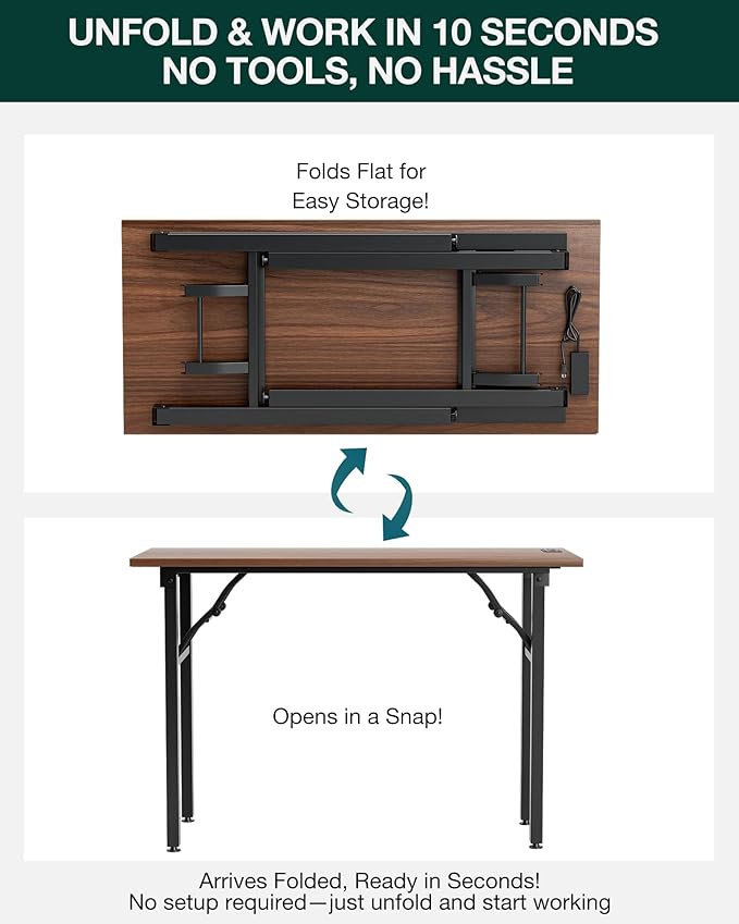 Frylr Small Folding Computer Desk – 43.3 Inch Portable Table for Craft and Study Lightweight Desk for Small Spaces Foldable Laptop Table Built-in AC/USB Outlets for Convenience Dark Walnut