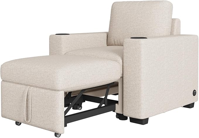 Merax 35.4 Modern Convertible Sofa Bed Pull-Out Sofa Couch Single Sleeper Chair with Pull-Out Mechanism USB Ports and Cup Holders Chenille Fabric for Living Room Small Space Biege