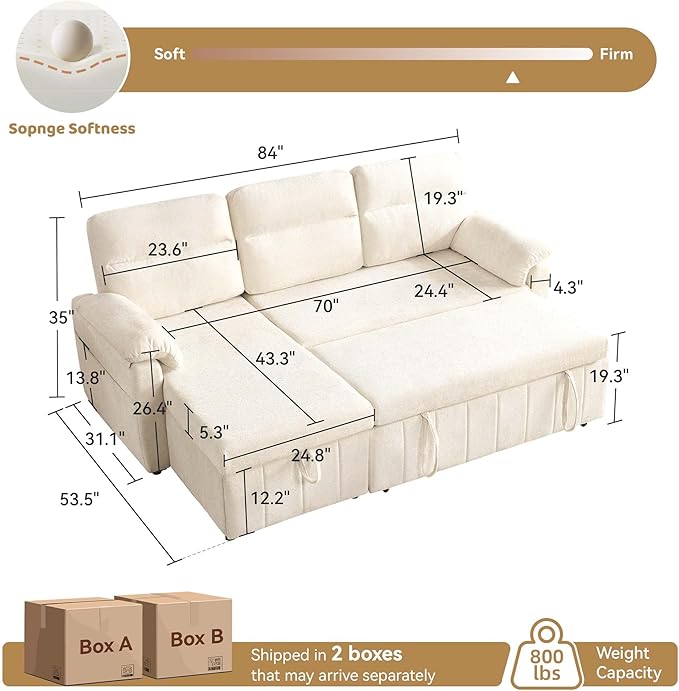 Tbfit 84'' Sleeper Sofa Bed 3 in 1 Cloud Pull Out Sofa Couch with USB &amp Storage Chaise Convertible Sofa Bed with Pull Out Bed Couches for Living Room Apartment Office White Sherpa
