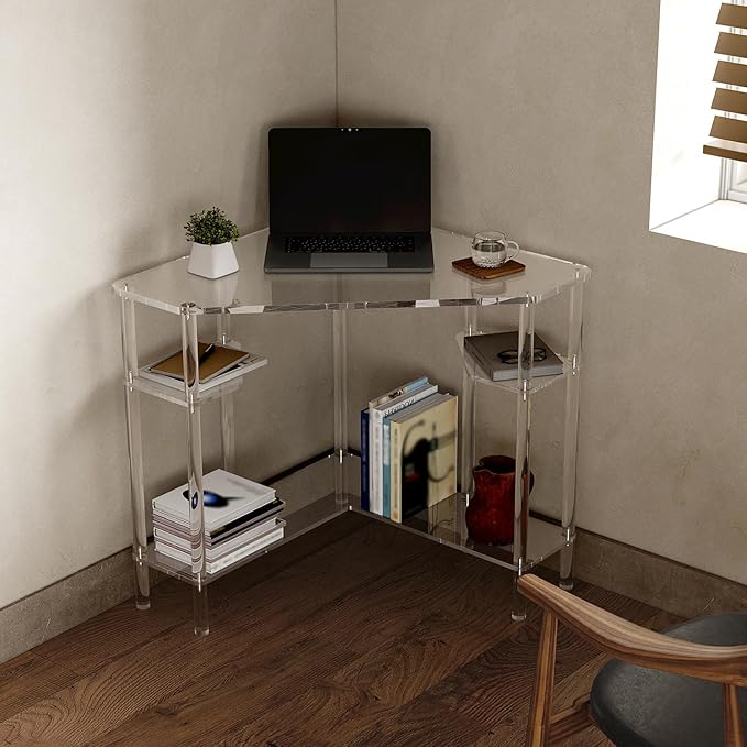 Eglaf Acrylic Triangle Corner Desk - 90-Degrees 28.5 x 28.5 inches Home Office Desk with Storage for Small Space Easy Assembly