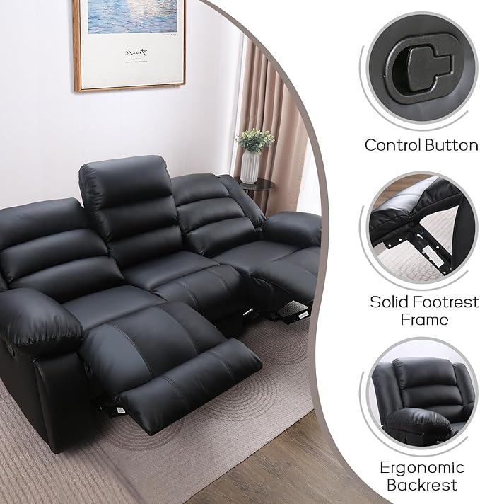 EBELLO Faux Leather Manual Reclining Sofa with 2 Concealed Cup Holders Overstuffed Armrest 3 Seat Recliner Couch for Living Room Bedroom Meeting Room Black